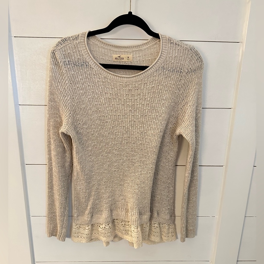 VTG HOLLISTER M Y2K 90's knit lace trim tan cottagecore bohemian chic sweater